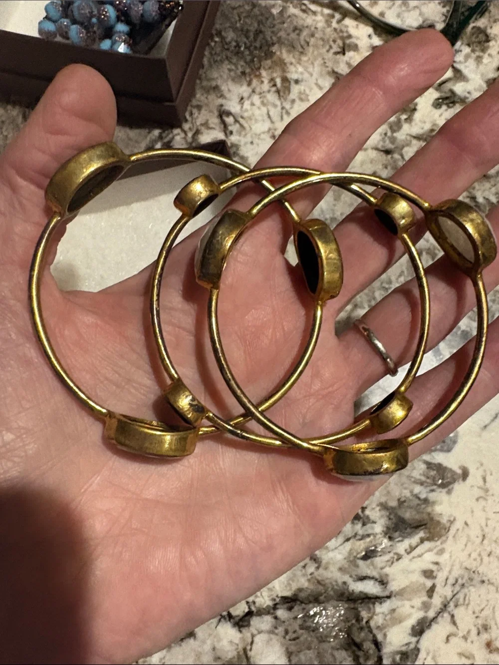 Gold Tone Black Stone Cuff Bracelet Stack